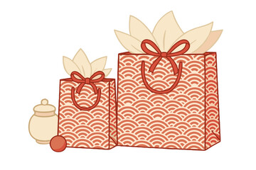 Gift shopping bags with decorative red pattern and tissue paper, flat vector in beige and red tones, concept for Shopping Day