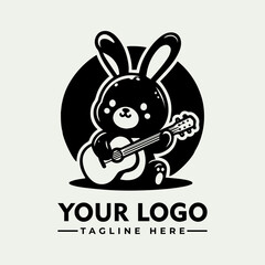 Cute black and white cartoon rabbit playing a guitar, logo design.