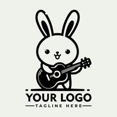 Adorable cartoon rabbit joyfully playing an acoustic guitar, ready for logo use.