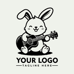 A smiling cartoon bunny cheerfully playing an acoustic guitar, logo design.