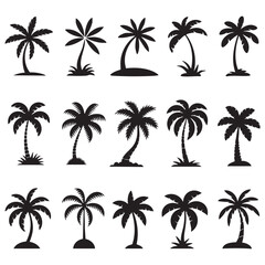 Set Of Black Silhouette Palm Trees Tropical Summer Vacation Symbol Collection Vector Illustration Graphic Design Elements Isolated On White Background