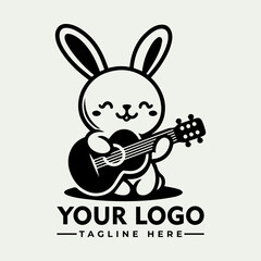 A cute cartoon bunny plays the guitar, smiling happily. Logo space below.