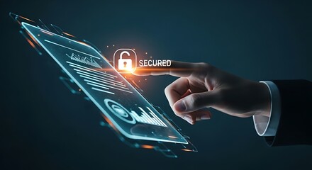 Digital signature and e-contract concept. A professional's finger signs a holographic document, which is then secured with a digital padlock.