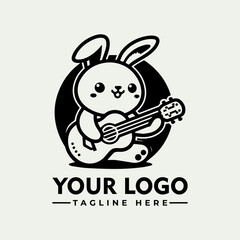 A cheerful cartoon bunny sits and plays a musical guitar, smiling happily.