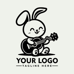 A cute cartoon bunny plays a guitar, smiling happily. Logo template with customizable text.