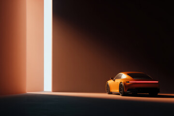 A sleek sports vehicle rendered in 3D, set against a minimalist interior with warm tones.