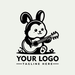 An adorable cartoon bunny sits playing an acoustic guitar, a logo design.