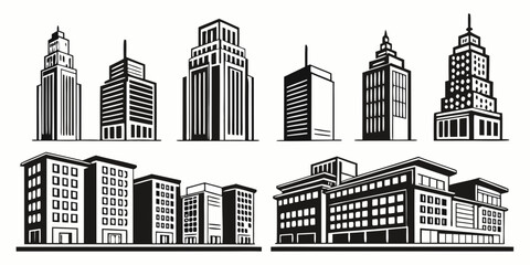 Obraz premium Collection of diverse black and white cityscape buildings isolated on white background