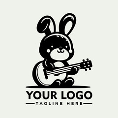 Cute black and white cartoon rabbit playing an acoustic guitar logo design.