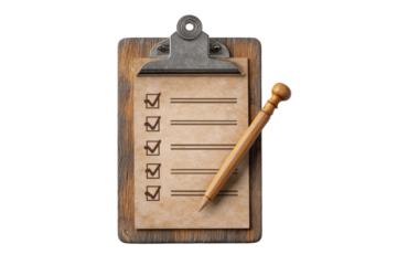 PNG Checklist on wooden clipboard with pencil for task management and organization