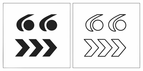 Two graphic representations of quotation marks and chevron arrows isolated on white background