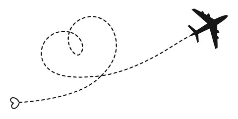 Silhouette of an airplane flying a dashed line route forming a heart shape isolated on white background