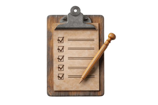 PNG Checklist on wooden clipboard with pencil for task management and organization