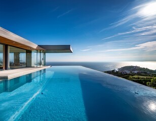 Fototapeta premium modern house with infinity pool overlooking ocean showcasing minimalist architecture and tranquil seaside living ideal for luxury real estate or travel advertising