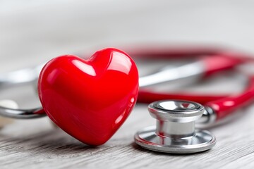 Red heart symbol and stethoscope on wooden surface representing health care, cardiology, and medical examination concept