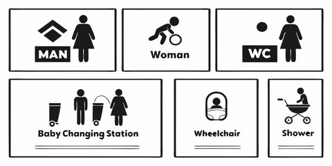 Collection of pictograms for men women wc baby changing station wheelchair shower isolated on white background