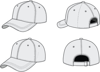 Technical sketch, baseball cap design, four angles, front view, back view, adjustable strap, stitching detail, headwear illustration, vector template, black white drawing