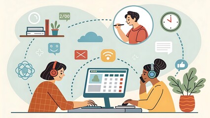 Diverse team collaborating online using computers and headphones isolated on white background