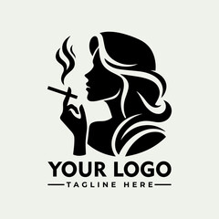 Silhouette of a woman smoking a cigarette with stylized hair, logo template.