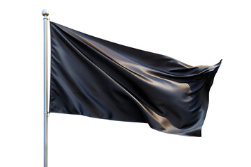 Black fabric flag waving on a metal flagpole with a spherical finial against a black background – A I Generated isolated on a transparent background