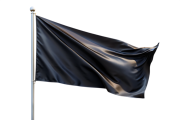 Black fabric flag waving on a metal flagpole with a spherical finial against a black background – A I Generated isolated on a transparent background
