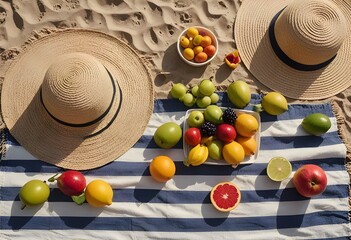 Summer Beach Picnic with Fresh Fruits and Sunhat