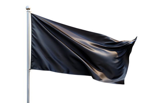 Black fabric flag waving on a metal flagpole with a spherical finial against a black background – A I Generated isolated on a transparent background