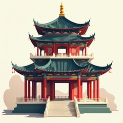 Obraz premium Illustration detailed chinese temple architecture. Building structure features pagoda style roof, stairways entrance. Cultural landmark, traditional design, oriental style, serene environment.