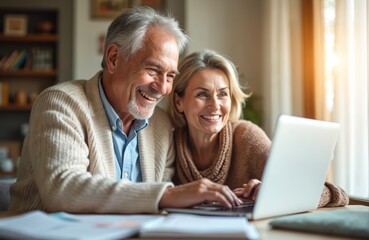 Happy mature couple use laptop planning budget at home. Senior man woman smile calculating finances, taxes, retirement. Financial planning, savings, insurance, financial tech. Togetherness, bonding,