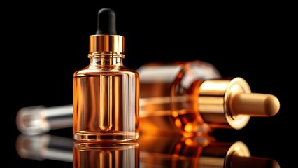 Naklejka premium Close up of two golden serum bottles with droppers on a reflective surface