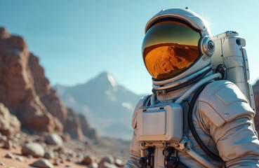 Astronaut explores alien planet. Space suit, helmet with landscape reflection. Distant mountain background, zero gravity. Research, discovery, innovation. Outer space exploration mission. Futuristic