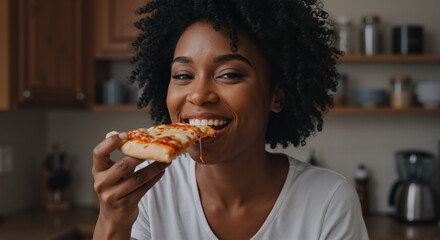 Young woman enjoying a delicious slice of cheesy pizza at home feeling happy and content