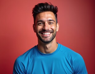 Obraz premium Smiling man headshot on red background. Confident male athlete with modern haircut, blue sport t-shirt, looking at camera. Close-up studio portrait of joyful face expression. Ideal for fitness,