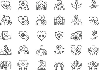 Healthcare icon set, medical symbols, heart care, protection, hands, family health, cross sign, clean line art, vector illustration, black white, flat design