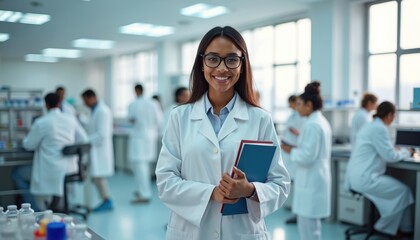 Fototapeta premium Young black woman scientist in white coat and glasses smiles at camera. Attractive female scientist holds test books, posing in modern laboratory. Science, medicine and healthcare concept.