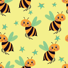 Seamless pattern with bees. Small wasp. Vector illustration. Design for invitation, cards, textile, fabric. Doodle style.