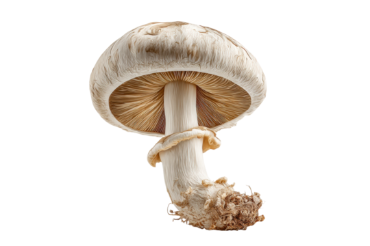 PNG Detailed close-up of a wild white mushroom isolated on black background