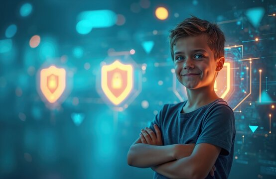 Young boy confidently stands guarded by protective digital shields. Cyber security concept with glowing virtual shields. Concept of safe cyberspace for children. Boy portrait with arms crossed. Cyber