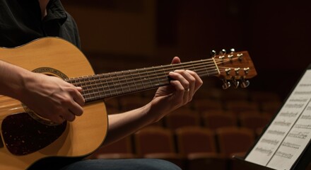 Obraz premium Concert Rehearsal - An Acoustic Guitarist on Stage