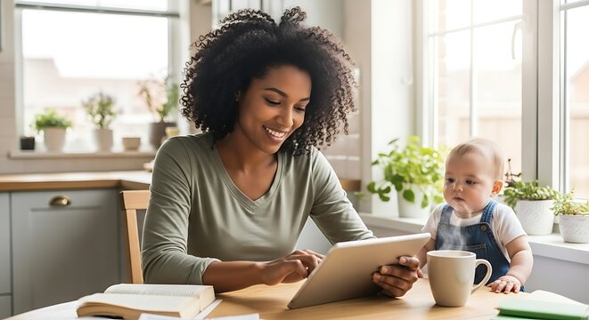 Smiling mother uses tablet, baby watches, kitchen setting.
