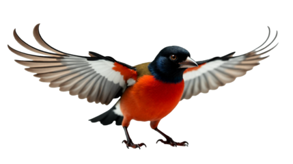 Vivid Eurasian bullfinch displaying brilliant colors with wings fully spread on a transparent background