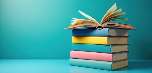 Open book atop stack of colorful hardback books on blue table against teal background. Education theme, learning, study, reading, writing, knowledge, literature. Back school, classroom, library,