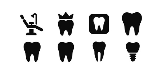 Dental and oral care solid icon set. teeth, dentist tools, oral hygiene icons collection