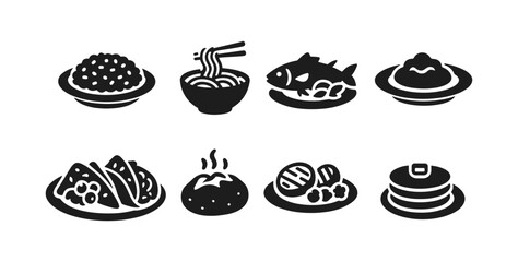 Food and dining silhouette icon set. meals, cuisine, and culinary silhouette icons