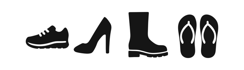 Footwear silhouette icon set. shoes, boots, sandals illustrated in minimalist style