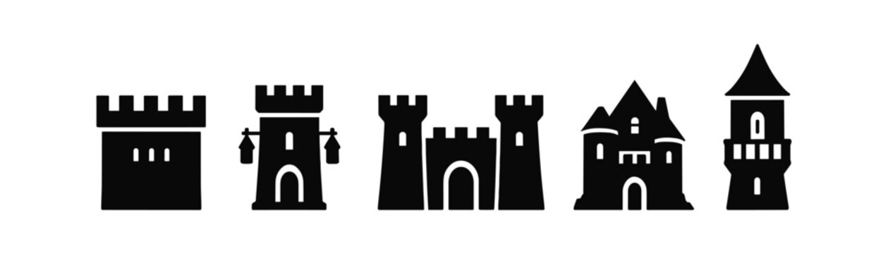 Castle and tower silhouette icon set. medieval, fortress, historical icons collection