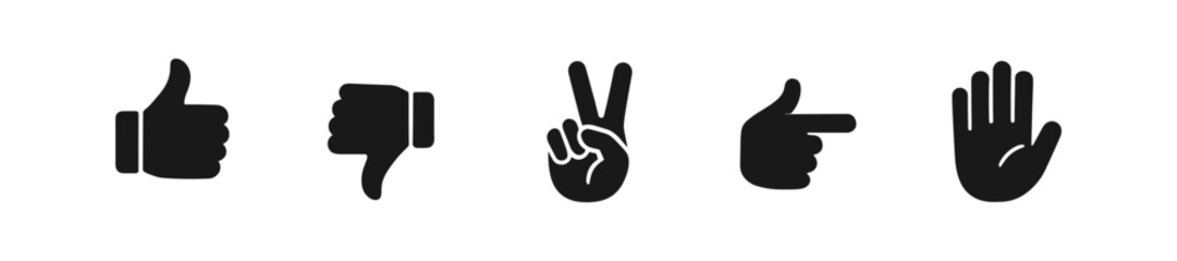 Hand gesture silhouette icon set. thumbs up, peace signs gesture icons collection