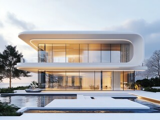 Fototapeta premium Modern architectural house with large glass windows and pool area