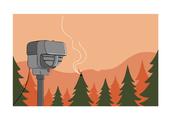 A surveillance camera detects smoke rising from a forest fire. Dramatic landscape backdrop. Suitable for conveying alerts and environmental concerns.