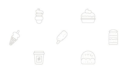 Collection of outline dessert icons including ice cream cone and popsicle isolated on white background